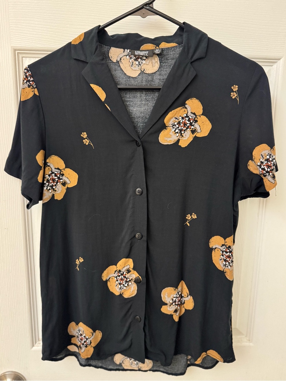 Straight To Hell Black Short-Sleeved Button Front Blouse with Tan Floral Print
